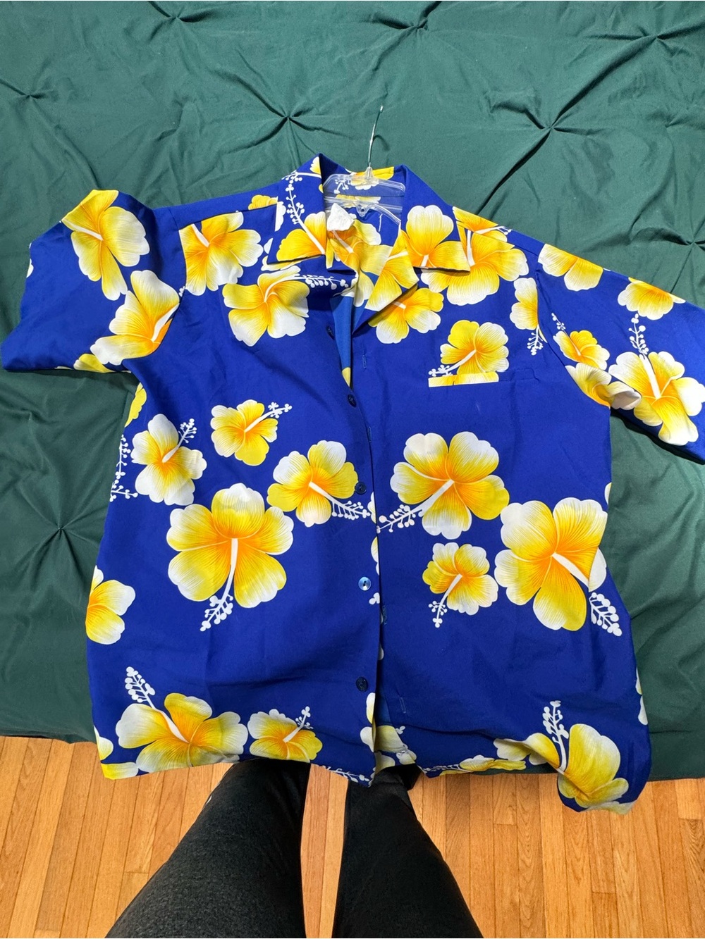 Hilo Hattie Blue Hawaiian Shirt with Yellow Hibiscus